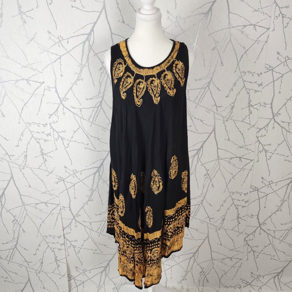 Asha Black Gold Paisley Tie Dye Round Neck Flowy Swing Dress